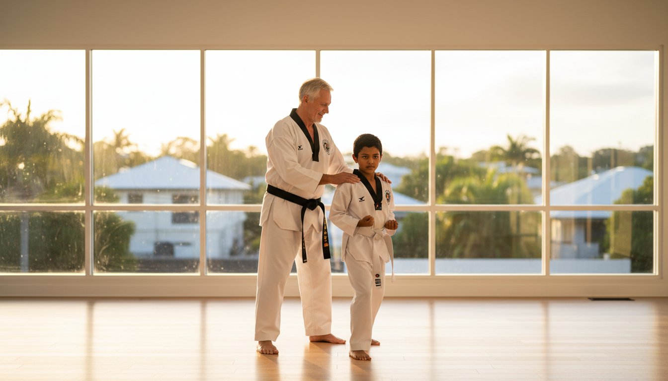 Instructor guiding young student in Taekwondo practice, showcasing supportive training environment at Flinn Taekwondo Academy, Brisbane, with large windows revealing outdoor scenery.